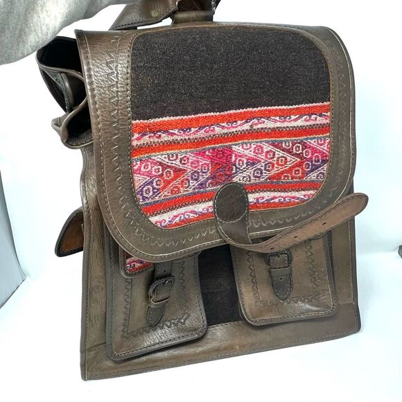 Vintage Leather and Kilim Backpack Dark Brown Travel Bag Backpack - Picture 12 of 16